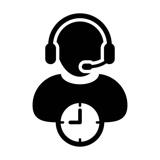 Help icon vector with clock symbol and male customer care support business service person profile avatar with headphone for online assistant in glyph pictogram illustration
